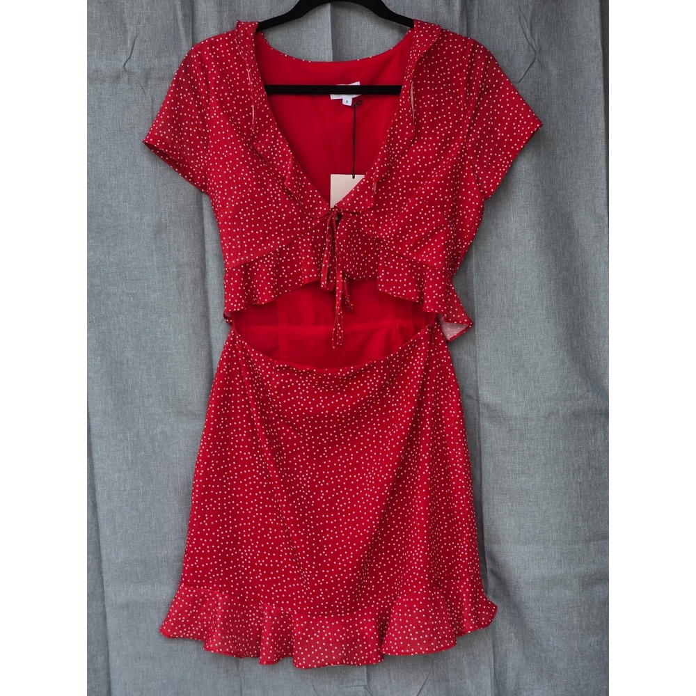 Superdown Red Polka Dot Cutout Tie Front Ruffle Mini Dress Small NWT